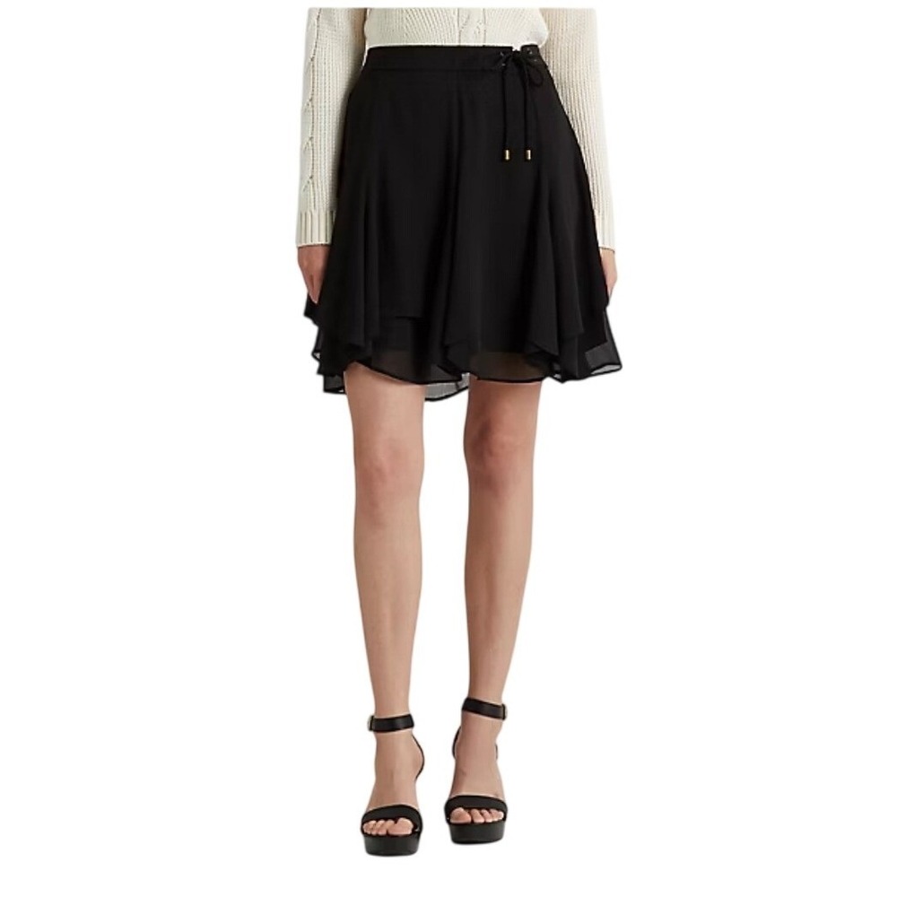 Lauren Ralph Lauren Black Chiffon Tiered Lace Up Skirt Women's Size 4 NWT